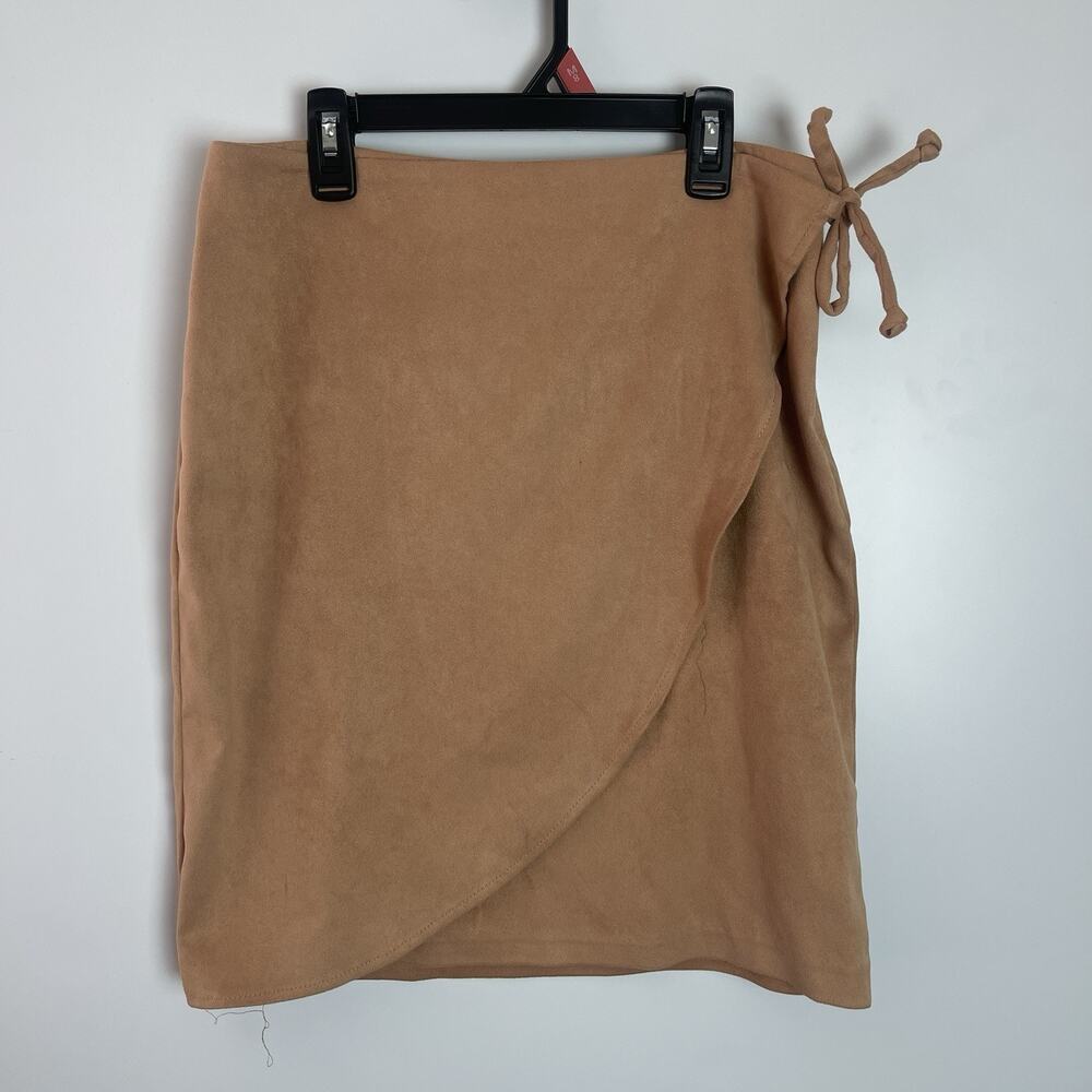 Krazy Larry Solid Sand Brown Wrap Smart Skirt Faux Suede Knee Length Size 8